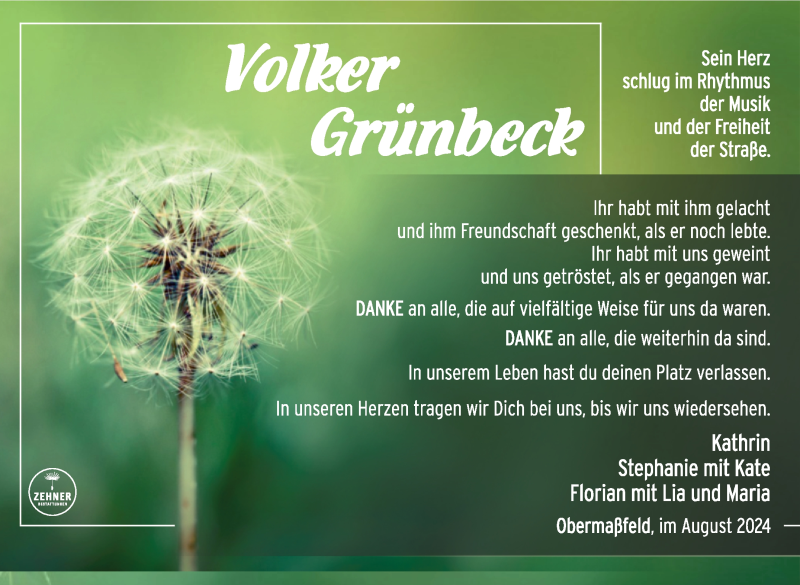  Traueranzeige für Volker Grünbeck vom 06.09.2024 aus Südthüringer Presse