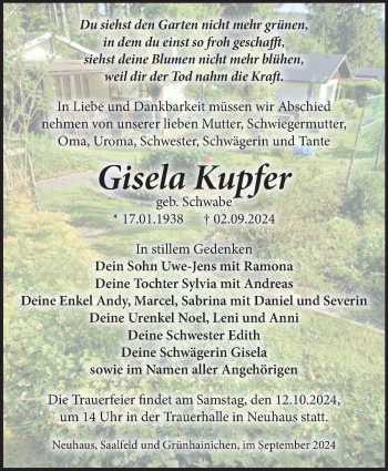 Traueranzeige von Gisela Kupfer von Südthüringer Presse