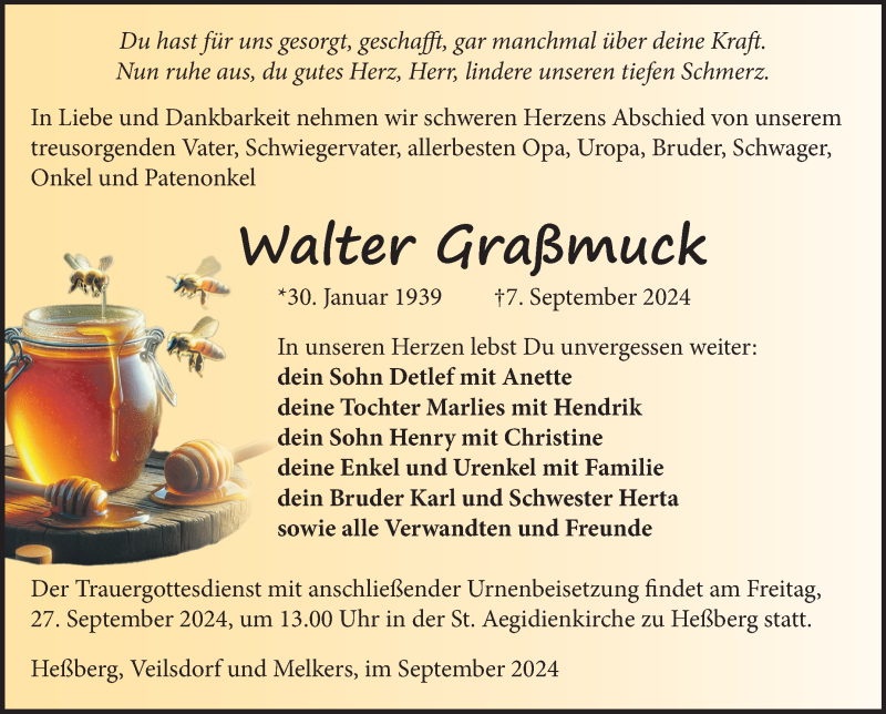  Traueranzeige für Walter Graßmuck vom 21.09.2024 aus Südthüringer Presse