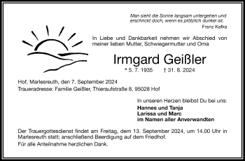 Traueranzeige von Irmgard Geißler von Frankenpost