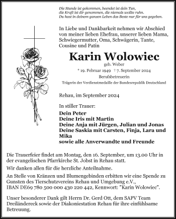 Traueranzeige von Karin Wolowiec von Frankenpost