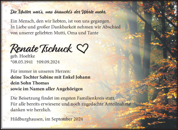 Traueranzeige von Renate Tschuck von Südthüringer Presse