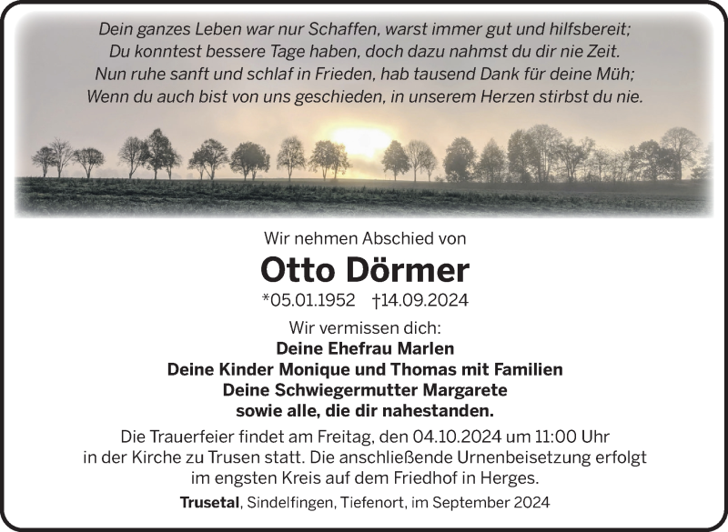  Traueranzeige für Otto Dörmer vom 27.09.2024 aus Südthüringer Presse