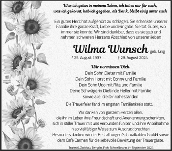 Traueranzeige von Wilma Wunsch von Südthüringer Presse