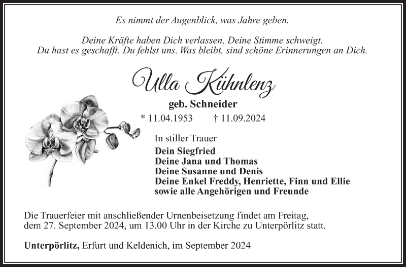  Traueranzeige für Ulla Kühnlenz vom 21.09.2024 aus Südthüringer Presse
