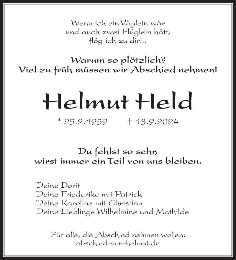  Traueranzeige für Helmut Held vom 21.09.2024 aus Südthüringer Presse