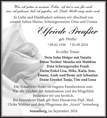 Traueranzeige von Elfriede Preußer von Südthüringer Presse