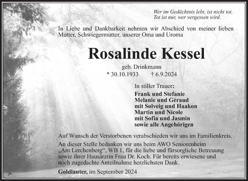  Traueranzeige für Kessel Rosalinde vom 14.09.2024 aus Südthüringer Presse