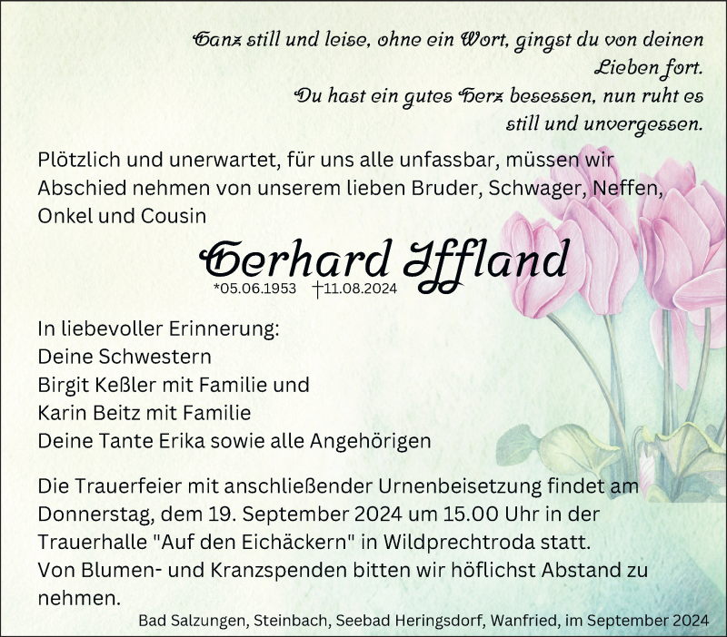  Traueranzeige für Gerhard Iffland vom 12.09.2024 aus Südthüringer Presse