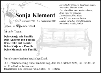 Traueranzeige von Sonja Klement von Frankenpost