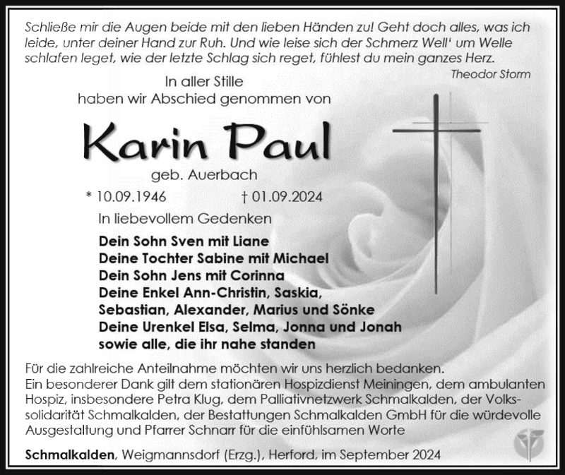  Traueranzeige für Karin Paul vom 14.09.2024 aus Südthüringer Presse
