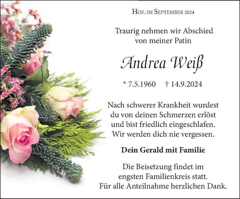  Traueranzeige für Andrea Weiß vom 21.09.2024 aus Frankenpost