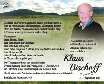 Traueranzeige von Klaus Bischoff von Südthüringer Presse