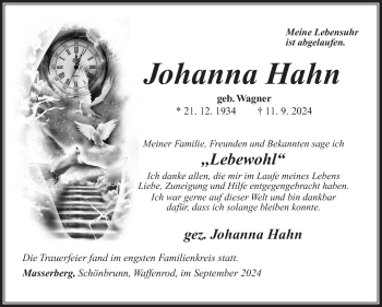 Traueranzeige von Johanna Hahn von Südthüringer Presse