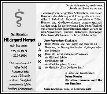 Traueranzeige von Hildegard Herget von Südthüringer Presse