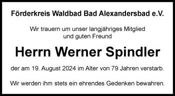 Traueranzeige von Werner Spindler von Frankenpost