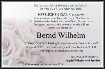Traueranzeige von Bernd Wilhelm von Südthüringer Presse