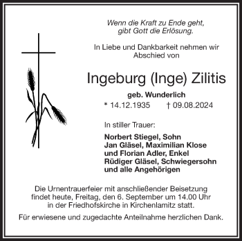 Traueranzeige von Ingeburg Zilitis von Frankenpost