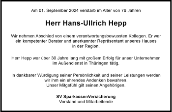 Traueranzeige von Hans-Ullrich Hepp von Südthüringer Presse