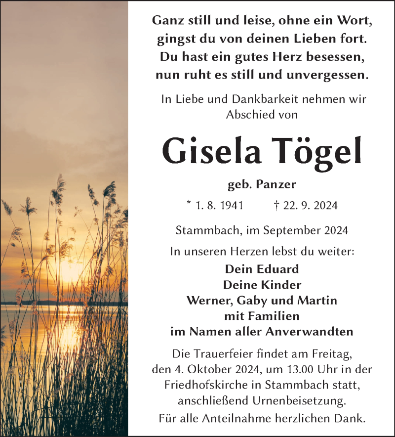  Traueranzeige für Gisela Tögel vom 28.09.2024 aus Frankenpost