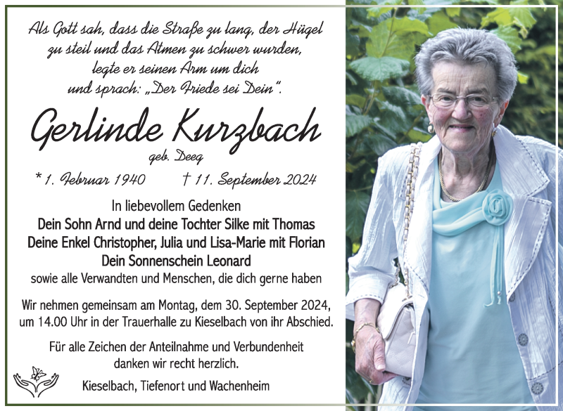  Traueranzeige für Gerlinde Kurzbach vom 21.09.2024 aus Südthüringer Presse