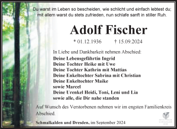 Traueranzeige von Adolf Fischer von Südthüringer Presse