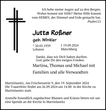 Traueranzeige von Jutta Roßner von Frankenpost