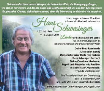 Traueranzeige von Hans Schwesinger von Südthüringer Presse