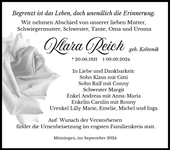 Traueranzeige von Klara Reich von Südthüringer Presse
