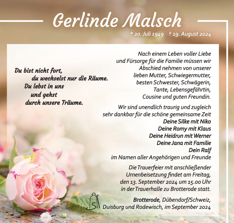  Traueranzeige für Gerlinde Malsch vom 06.09.2024 aus Südthüringer Presse