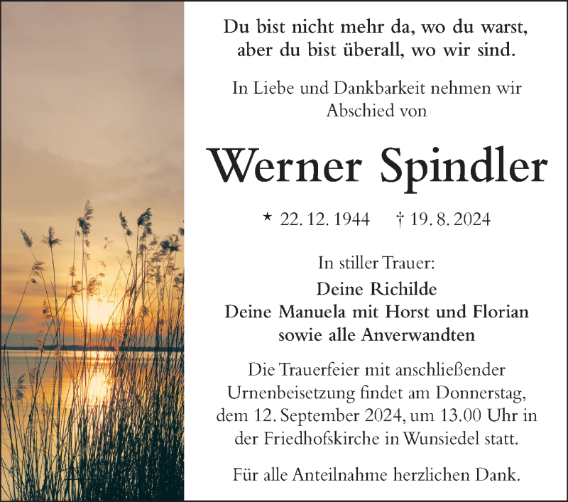  Traueranzeige für Werner Spindler vom 07.09.2024 aus Frankenpost