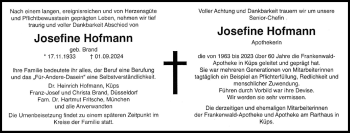 Traueranzeige von Josefine Hofmann von Neue Presse Coburg