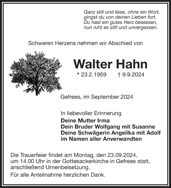 Traueranzeige von Walter Hahn von Frankenpost