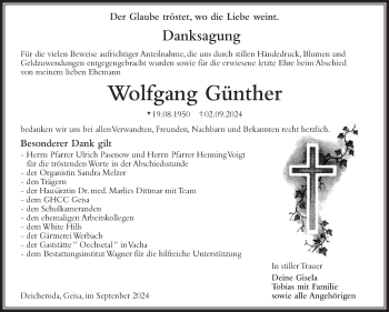 Traueranzeige von Wolfgang Günther von Südthüringer Presse