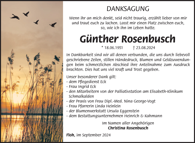  Traueranzeige für Günther Rosenbusch vom 13.09.2024 aus Südthüringer Presse