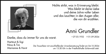 Traueranzeige von Anni Grundler von Frankenpost