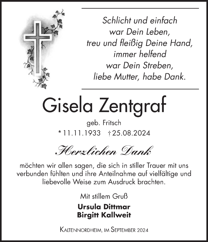  Traueranzeige für Gisela Zentgraf vom 27.09.2024 aus Südthüringer Presse