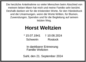 Traueranzeige von Horst Weltzien von Südthüringer Presse