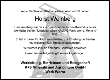 Traueranzeige von Weinberg Horst von Südthüringer Presse