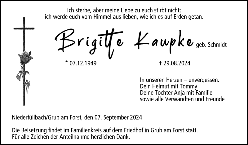  Traueranzeige für Brigitte Kaupke vom 07.09.2024 aus Neue Presse Coburg