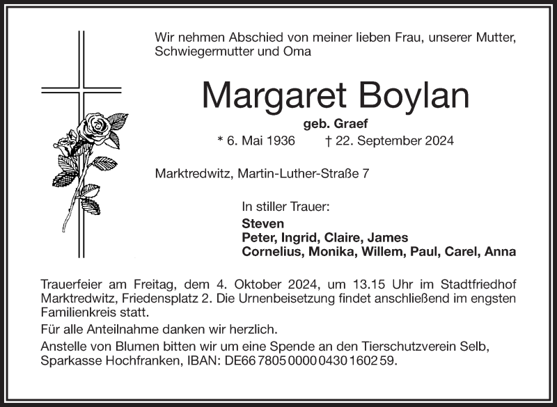  Traueranzeige für Margaret Boylan vom 28.09.2024 aus Frankenpost