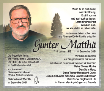 Traueranzeige von Gunter Matthä von Südthüringer Presse