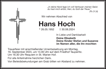 Traueranzeige von Hans Hoch von Frankenpost