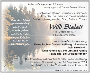 Traueranzeige von Willi Bieleit von Südthüringer Presse