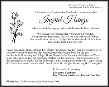 Traueranzeige von Ingrid Heinze von Südthüringer Presse