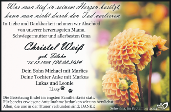 Traueranzeige von Christel Weiß von Südthüringer Presse