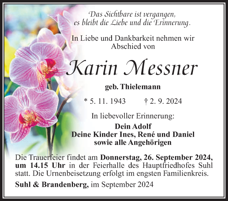  Traueranzeige für Karin Messner vom 14.09.2024 aus Südthüringer Presse