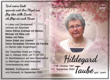 Traueranzeige von Hildegard Taube von Südthüringer Presse