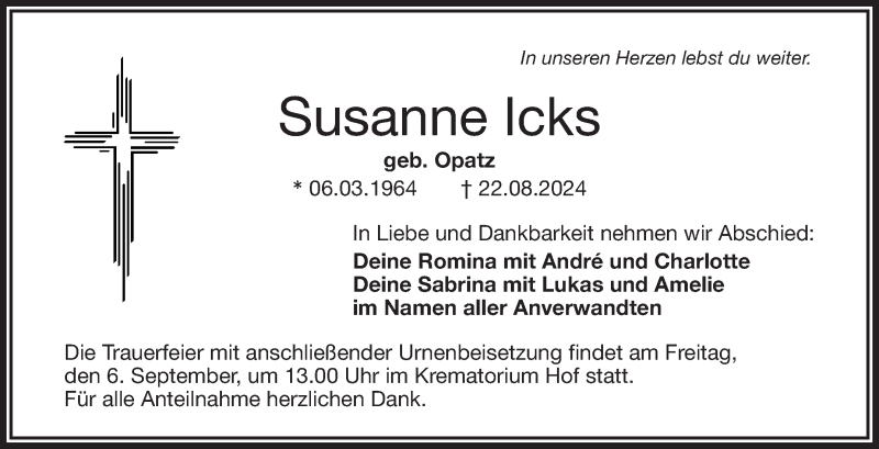  Traueranzeige für Susanne Icks vom 04.09.2024 aus Frankenpost