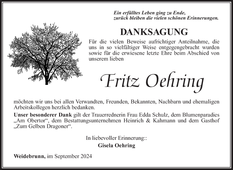  Traueranzeige für Fritz Oehring vom 06.09.2024 aus Südthüringer Presse
